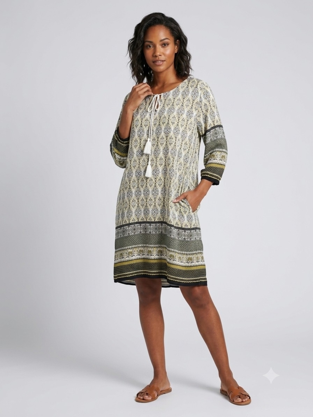 HT 360 Boho Tassel Tie Shift Dress in Olive & Cream & Yellow